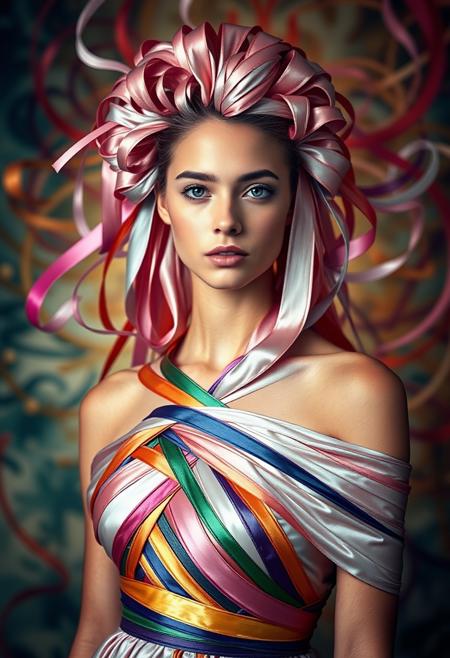 A surreal photo of a young woman whose hair is made entirely of ribbons. Facing the camera, the wide lengths of satin ribbons emerge from her scalp and fall gracefully down her head and face and over her shoulders. The ribbons begin to form intricate woven patterns that fall over her chest and torso and wrap around it, becoming an elegant satin gown made of multicolored woven ribbons. The background features abstract, swirling patterns of color and light, creating a sense of movement and energy.
