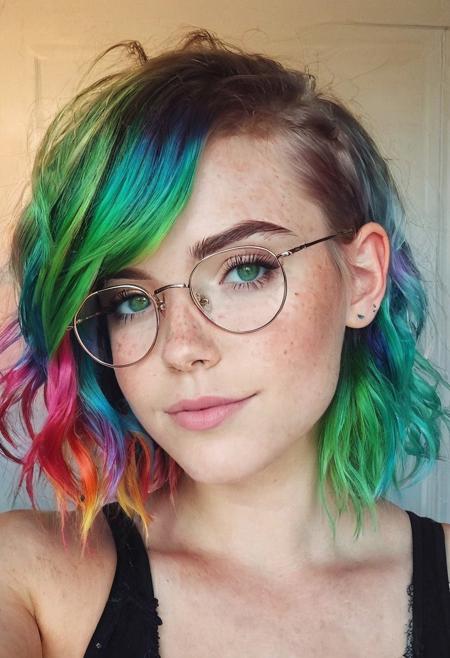 instagram photo, photo of a 28 y.o woman, short intricate hair, rainbow colored hair, green eyes, round glasses, freckles:.5, candy hairpin, mckennagrace, cute face, round face, Perfect detailed eyes, fair skin, wearing top with low neckline, slightsmile:.75, expressionless