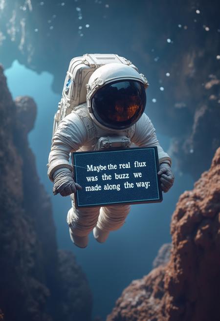An astronaut floating in space in a mysterious wonderful atmosphere. The astronaut is holding a futuristic board that says "Maybe the real flux was the buzz we made along the way" ,colorful, very coherent, cute, adorable, pretty, dramatic, detailed, amazing composition, intricate, elegant, sharp focus, highly detail, polished, complex, lovely, artistic, pure, surreal, beautiful, scenic, full background, cinematic, light shining, great, perfect, hopeful, futuristic, inspiring, thought, epic, stunning