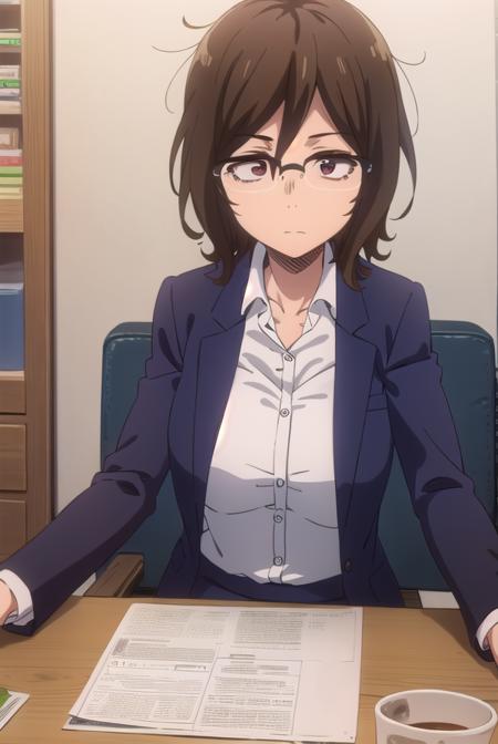 owarihajime, <lora:owari hajime s2-lora-nochekaiser:1>,
owari hajime, brown hair, (brown eyes:1.5), glasses, over-rim eyewear,
BREAK skirt, shirt, jacket, formal, suit, office lady,
BREAK indoors,
BREAK looking at viewer,
BREAK <lyco:GoodHands-beta2:1>, (masterpiece:1.2), best quality, high resolution, unity 8k wallpaper, (illustration:0.8), (beautiful detailed eyes:1.6), extremely detailed face, perfect lighting, extremely detailed CG, (perfect hands, perfect anatomy),