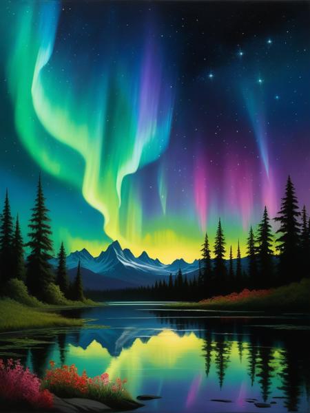 <lora:06NatureArt_Hap_XL:1>, Albert Bierstadt style, oil painting, Botanical gardens under auroral lights, silhouette of diverse flora, Northern Lights dancing overhead casting ethereal glow, colorful reflections on delicate leaves and petals, night-time setting, stars peeking through the enchanting auroral display, tranquil, harmonious alignment of natural and celestial phenomena, ultra realistic, digital painting.,