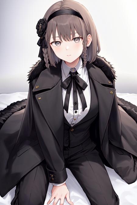 masterpiece, best quality, highres, 1girl short hair hairband hair flower braid, black jacket black fur trim black coat suit long sleeves shirt collared shirt neck ribbon black pants suit <lora:oscar:1> sitting, wariza, arm support