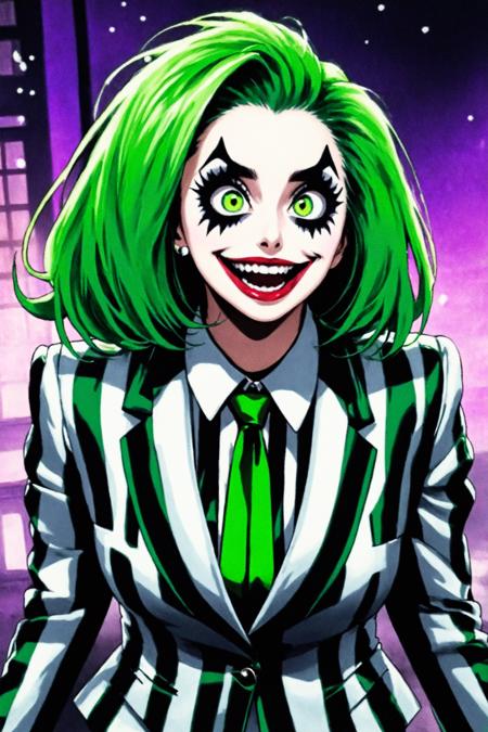 Beetlejuice Slime Tutorial,  1girl,  black eyes,  green hair,  female focus,  large breasts,  formal,  suit,  striped suit,  open mouth,  solo,  teeth, <lora:EMS-61574-EMS:0.400000>