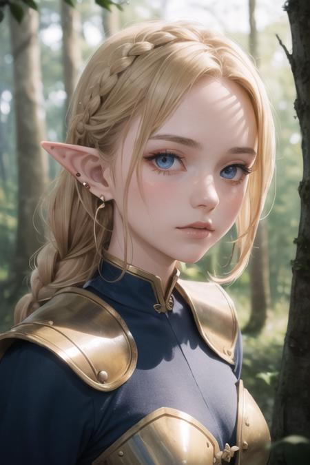 portrait of european girl,cute and beautiful face,elf,pointy ears,ear piercing,20yo,short french braid,bronde hair, blue armored dress,fantasy,forest, looking at viewer, diffused soft lighting, shallow depth of field, sharp focus, cinematic lighting