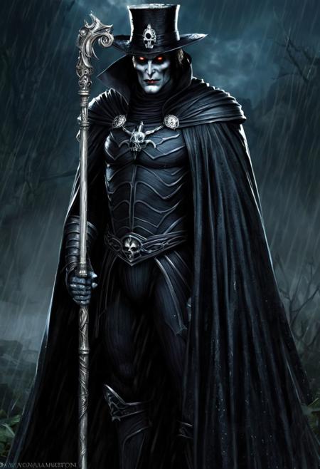 Vlad von Carstein. His skin complexion is a result of his undead nature and centuries of existence
Tall and lean, with a commanding presence that immediately draws attention. His stature adds to his aura of authority and dominance.
Holding a silver-topped cane. 
Tall and lean, with a commanding presence that immediately draws attention. His stature adds to his aura of authority and dominance.
Holding a silver-topped cane. 
Dark and lustrous hair, styled in a manner befitting his aristocratic background.
The shoulders of his cloak were a darker black where they were soaked through with rain and water dripped from the brim of his hat.
His eyes are intense and piercing, with a hypnotic quality that can captivate those who meet his gaze. His eyes may be any color, but they often shine with an otherworldly light.
He exudes an imposing aura that commands respect and fear. His presence alone can instill dread in those around him, further enhancing his reputation as a powerful and formidable vampire lord.
Warhammer fantasy art