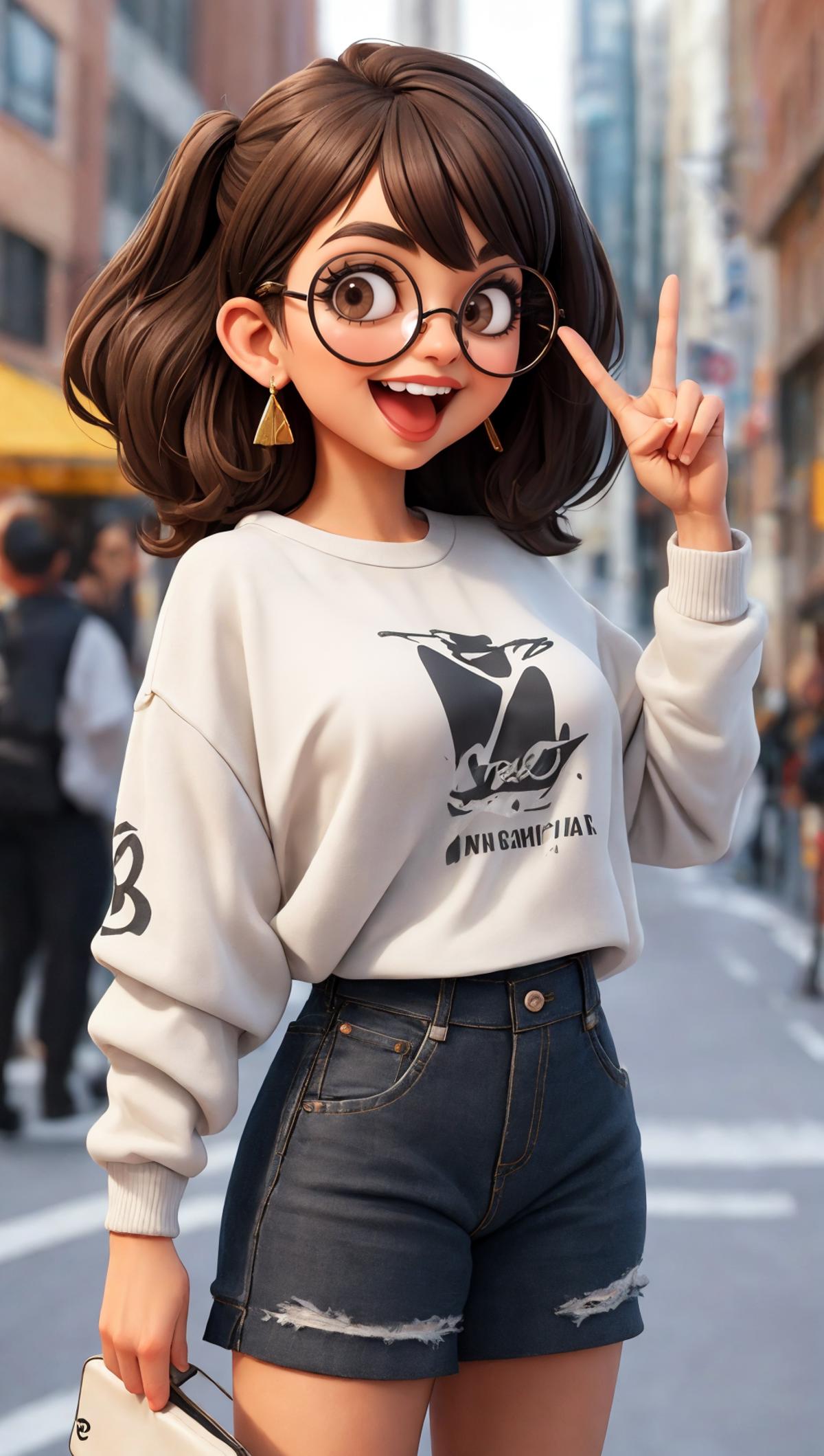 A girl with glasses wearing a white sweater and jeans.