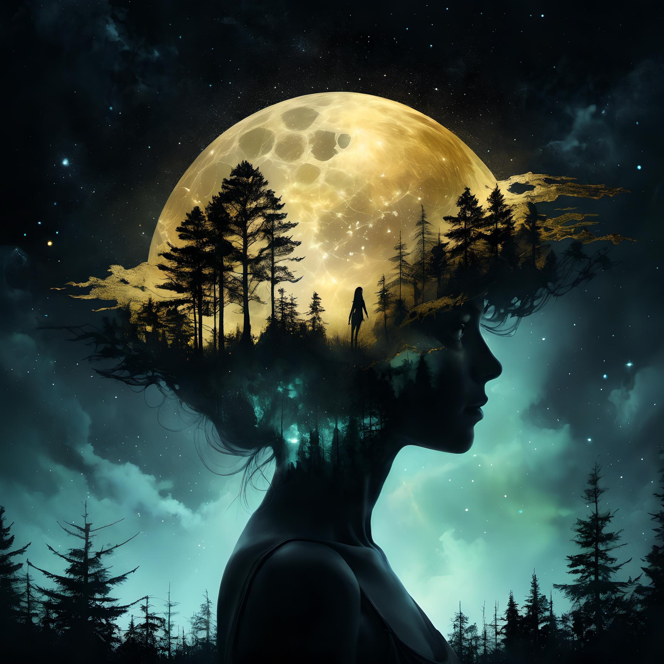 A woman with a moon on her head under a night sky.