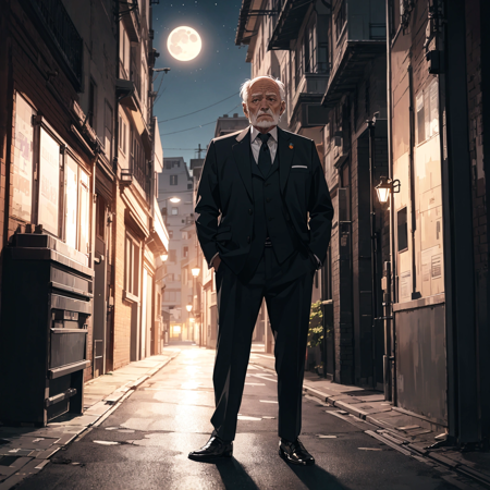 old man, suit, standing, moonlight