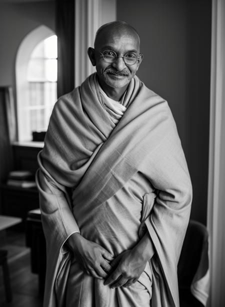 mahgahi1, solo, looking at viewer, smile, gloves, 1boy, monochrome, upper body, greyscale, male focus, glasses, indoors, facial hair, own hands together, robe, realistic, mustache, bald, old,