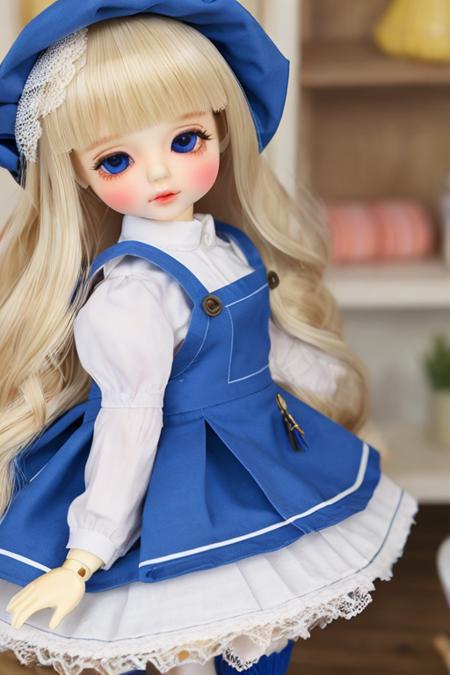 1girl,adult,doll, doll joints, full body, blonde hair, maid apron, blue skirt,   <lora:luts-000004:1>