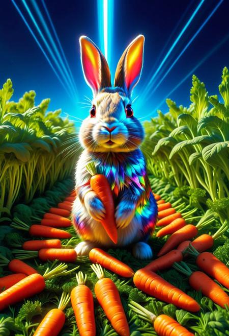 CD Repeat, Masterpiece, best quality, amazing quality, absurd, latest, volumetric lighting, UHD, SFW, vibrant colors, neon, vivid colors, rabbit made of cd's, harvesting magical carrots in the summer heat, exquisite detail, digital art, realistic, highly detail, beautiful, surreal, dramatic, No_Humans,