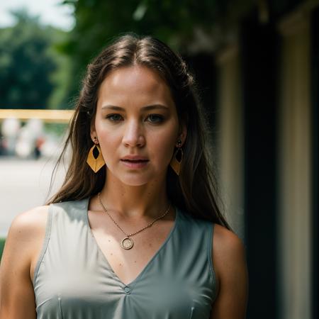 Realistic photo of a beautiful j3nn1f3rl-v2 woman, 1girl, solo, long hair, looking at viewer, brown hair, shirt, jewelry, earrings, sleeveless, belt, blurry, lips, grey eyes, blurry background, realistic, soft lighting, professional Photography, Photorealistic, detailed, RAW, analog, sharp focus, 8k, HD, DSLR, high quality, Fujifilm XT3, film grain, award winning, masterpiece<lora:j3nn1f3rl-v2:1.0>