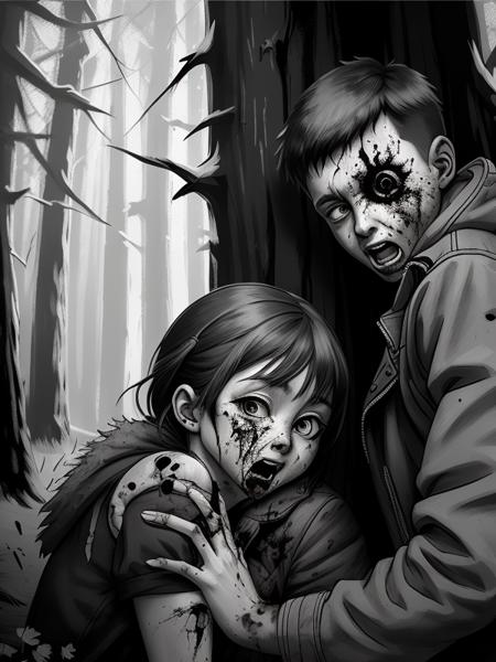 boy and girl in forest edge, ripped to shreds, blood,  horrors, (TinyBunnyStyle:0.7) , monochrome, art   <lora:Tiny_Bunny:1>