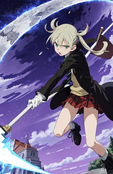 maka albarn, green eyes, blonde hair, medium hair,  twintails, school uniform, plaid red skirt, coat, long sleeves,striped necktie, white gloves, boots holding weapon, straight stick,weapon, scythe, moon, blue glowing