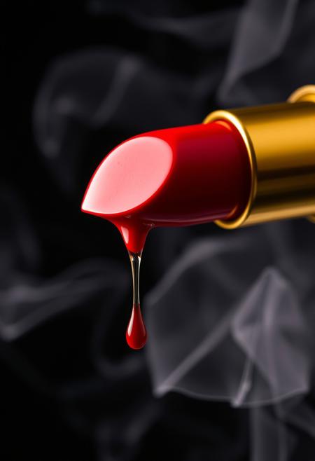A highly detailed, close-up shot of a (luxurious red lipstick), its (glossy red surface) melting into a single glande pensi form droplet at the tip. The lipstick's (sleek, gold metal casing) reflects a subtle light, creating a dramatic contrast against the [deep black background | swirling smoke]. The molten lipstick oozes down like a slow drip, BREAK emphasizing both its smooth texture and rich pigmentation. The [aidmafluxpro1.1 | soft, ethereal smoke | billowing around] adds an element of mystery and allure, enhancing the overall atmosphere of seduction and luxury.