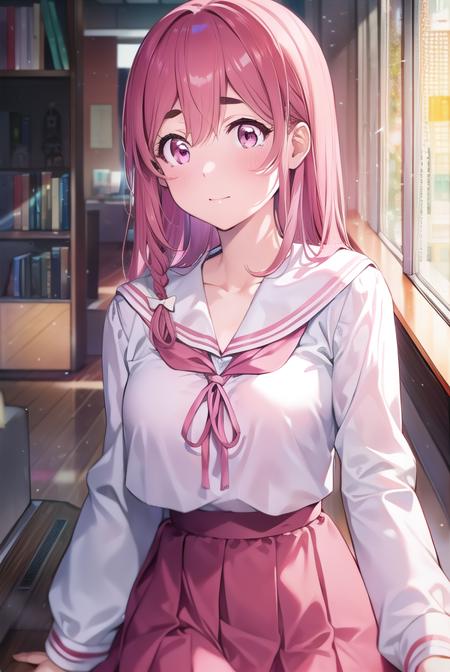 sumisakurasawa, <lora:sumisakurasawa-lora-nochekaiser:1>,
sumi sakurasawa, bangs, (pink eyes:1.5), hair between eyes, pink hair, braid, hair bow, thick eyebrows,
BREAK skirt, shirt, long sleeves, bow, ribbon, school uniform, white shirt, serafuku, sailor collar, red ribbon, neck ribbon, red skirt, white sailor collar,
BREAK looking at viewer,
BREAK indoors, classroom,
BREAK <lyco:GoodHands-beta2:1>, (masterpiece:1.2), best quality, high resolution, unity 8k wallpaper, (illustration:0.8), (beautiful detailed eyes:1.6), extremely detailed face, perfect lighting, extremely detailed CG, (perfect hands, perfect anatomy),