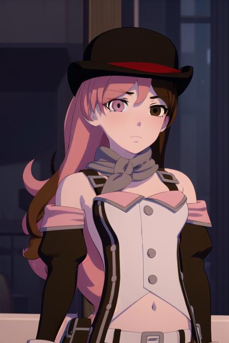 neopolitan, long hair, brown hair, (brown eyes:1.3), pink hair, multicolored hair, pink eyes, two-tone hair, (heterochromia:1.2), split-color hair, gloves, hat, navel, brown eyes, detached sleeves, midriff, belt, pants, white gloves, black headwear, bowler hat,