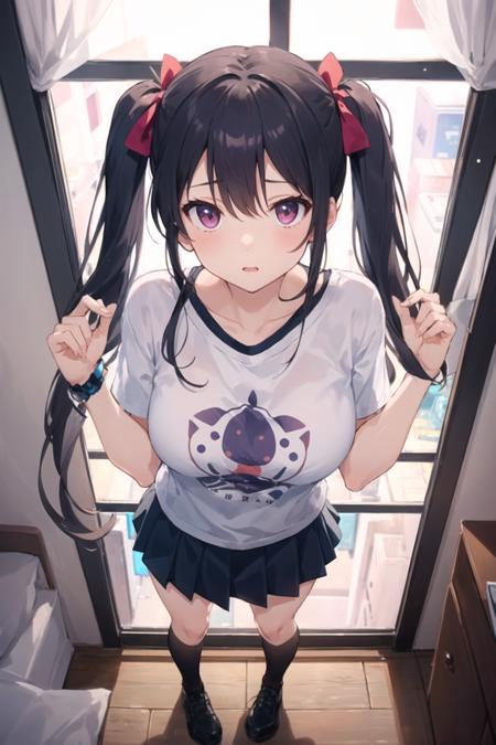 1girl, from above, standing, casual clothes, twintails, t-shirt, skirt, bedroom, wall, window, wide angle