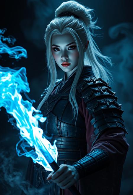 An albino samurai geisha, stands in a tenebrous, smoke-filled environment. Her countenance, framed by white hair, is one of unwavering resolve, illuminated by the effulgent ice mist she wields. She is clad in meticulously crafted armor, its dark metal reflecting the blue flames. The image, meticulously composed as a medium shot with a slightly low angle, emphasizes her indomitable spirit and mastery over the elements. The chiaroscuro lighting technique accentuates the ethereal nature of her power, while the meticulously rendered background hints at a world engulfed in conflict and magic.  Cinematic hyperrealism, tenebrism, volumetric lighting, high-contrast, deep shadows, heightened gamma, painterly rendering.