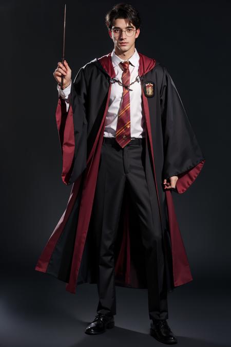 1boy, black_background, black_footwear, black_hair, black_pants, full_body, glasses, hogwarts_school_uniform, male_focus, necktie, shoes, solo, standing, transparent_background, wand, looking_at_viewer, simple_background, shirt, long_sleeves, holding, school_uniform, pants, animification, holding_wand, HP robe, outfit<lora:HP:0.8>