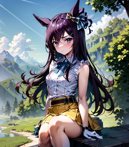 masterpiece, 8k wallpaper, best quality, 1girl, MejiroDober, <lora:MejiroDober>, blush, looking at the viewer, (moutain at the background), grass,