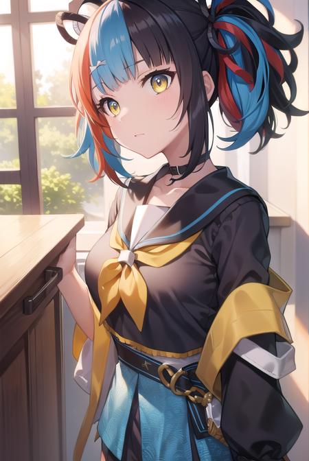 sei shounagon, aqua hair, black hair, blunt bangs, multicolored hair, red hair, twintails, (brown eyes:1.5), black sailor collar, black shirt, black skirt, choker, pleated skirt, puffy sleeves, sailor collar, shirt, skirt, bow, red bow,