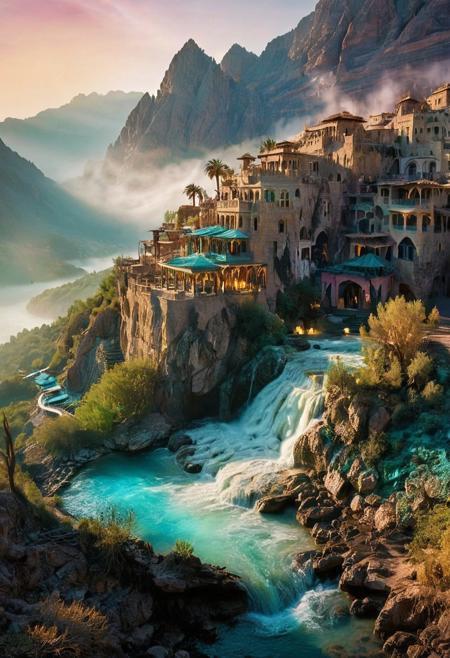 (by Ellen Jewett:1.5), (Bioluminescent Impressionism, Egyptian landscape, The Dreamland,, their peaks veiled in mist. mixed media, surrealism, great lighting, A surreal landscape highly detailed . extremely high-resolution details,  appears trapped in an optical illusion of reflections and refractions colorful , mountains and village in Turkey, professional photography, natural lighting, volumetric lighting maximalist. intricately detailed, complex, elegant, expansive, fantastical, waterfall, ethereal landscapes, depth of field, biotech emotion:1.3) <lora:xl_more_art-full_v1:0.5> <lora:add-detail-xl:1> <lora:RMSDXL_Creative:2>
