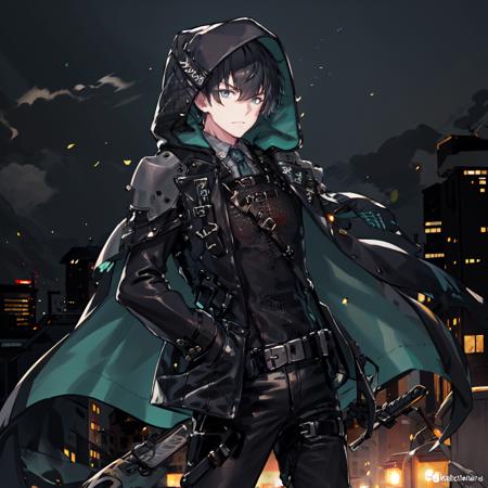 <lora:gerard_curian_counterside-10:.85> gerardcurian, 1boy, hood, jacket, necktie, gloves, adult, looking at viewer, city background, police, detective office, hard light, solo, focus