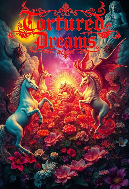 A vivid color digital art piece with unearthed glow and subsurface scattering of neon colors,  depicting the dreams of a schizophrenic, chaotic,  surreal image, featuring unicorns, demons, flowers, and the overall feeling of parinoia,written above the main focus of the image blood red elegant filigree and calligraphy lettering are the words "Tortured Dreams"