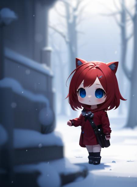 masterpiece, best quality, 8k, cinematic light, ultra high res, chibi, 1girl, full body, red shirt, snow, <lora:chibifyV1:0.6> (depth of field:1.3), (vignette:1.2)