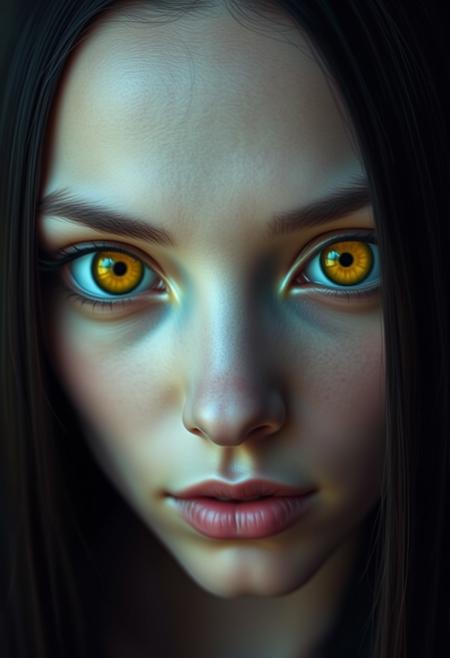 Photographic portrait of a beautiful alien woman with solid yellow eyes, pupil-less, no iris, long straight black hair.