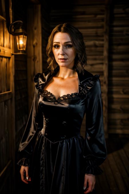 <lora:Suranne_Jones:1> masterpiece, best quality, detailed face, a mature s1873j, 1girl, solo, vampire costume ,  shack , evening
