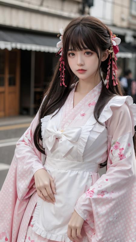 kimono,apron,bow,puffy sleeves,