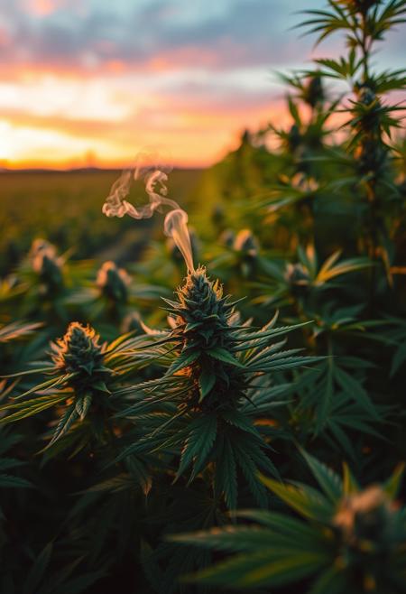 vibrant cannabis field, (lush green leaves:1.4), (sunset glow:1.2) casting warm light over the plants, (detailed textures:1.5), smoke swirling softly in the air, (cannabis buds:1.3) glistening with trichomes, peaceful and serene atmosphere, (natural light:1.4), wide field stretching into the distance, (colorful sky:1.2) with shades of pink and orange, (high-definition:1.6), (ultra-realistic textures:1.5), close-up details of cannabis plants, (soft focus in the background:1.2), modern, laid-back aesthetic, perfect for a cannabis culture feature, chill and relaxed vibe, (overexposed:-1.4), (unnatural colors:-1.5), (blurry:-1.6), (low-resolution:-1.7), (harsh lighting:-1.5), (distorted textures:-1.6)