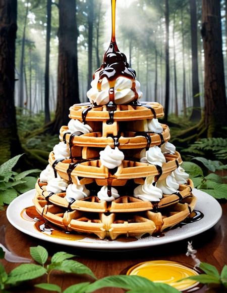 A giant waffle castle, with syrup rivers and whipped cream clouds, set in a magical forest.