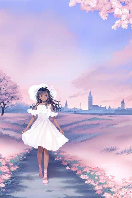 masterpiece, best quality, ultra-detailed, illustration, portrait, best Light and Shadow quality,4k,8k,[cg],
1girl,
dark-skinned female, white dress, white stocking, bare shoulders, white hat, 
(walking),
in the middle of (((pink))) flower field,
(((pink))) sea,
 cityscape, 
 <lora:TabiStyle-000009:0.9>,tabi,