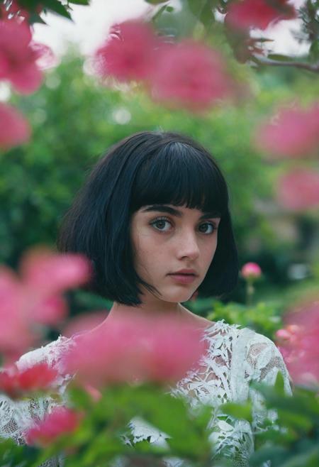 cinematic light, dramatic light, shallow depth of field, high budget, bokeh, cinemascope,A romantic portrait photograph captures a young woman with a dark bob haircut and striking eyes gazing directly at the camera through a frame of pink flowers and green foliage. The subject wears a white lace or delicate fabric garment and exhibits a serene, intense expression. The image employs shallow depth of field to create a dreamy background blur while maintaining sharp focus on the subject's features. Natural daylight provides soft, even illumination, while the warm color palette emphasizes pink florals and rich green leaves. The composition is centrally balanced with the subject perfectly framed by the surrounding garden elements. Portrait photography with shallow depth of field uses natural lighting and a tight frame. 4k, intricate details, highly-detailed, hyper-realistic, 8k RAW Editorial Photo. film grain ISO 200 faded film, 35mm photo, grainy, vignette,