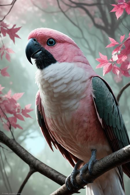 macro shot, A pink cockatoo sitting on a budding branch of an Australian ghost gum tree with leaves bird soft color palette, magical realism, whimsical, dreamy fullcolor, HDR, highly detailed, freedom, soul, digital illustration, approaching perfection, dynamic, highly detailed, watercolor painting, artstation, concept art, smooth, sharp focus, illustration in the style of artists like Russ Mills, Sakimichan, Wlop, Loish, Artgerm, Darek Zabrocki, and Jean-Baptiste Monge, Hyperrealistic, splash art, concept art, mid shot, intricately detailed, color depth, dramatic, 2/3 face angle, side light, colorful background, film grain, extremely detailed,  <lora:epi_noiseoffset2:0.8>