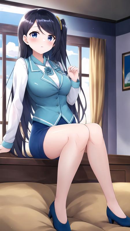 xiao_qiong, 1girl, solo, long hair, blush, blue eyes, skirt, shirt, black hair, hair ornament, long sleeves, white shirt, frills, necktie, rose, blue rose, shoes, collared shirt, miniskirt, vest, blue skirt, one side up, armband, pencil skirt, blue footwear, blue vest