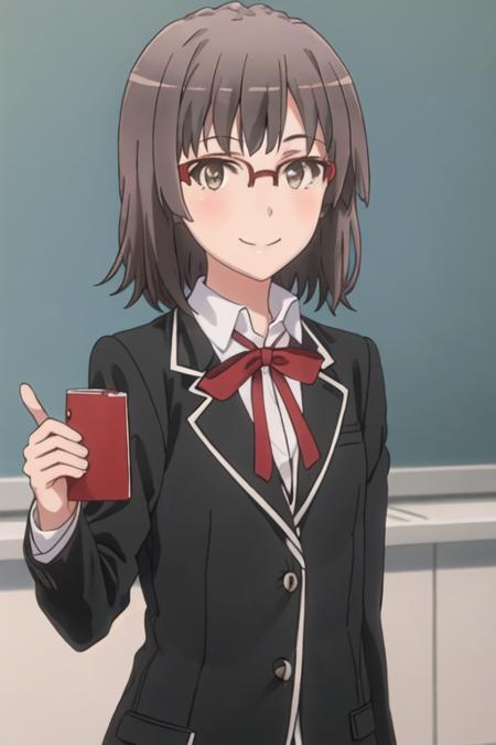 best quality, masterpiece, highres, solo, {ebina_hina_yahariorenoseishunlovecomewamachigatteiru:1.15}, short_hair, brown_hair, glasses, smile, red-framed_eyewear, black_hair, brown_eyes, 1girl, blazer, jacket, over-rim_eyewear, ribbon, school_uniform, sobu_high_school_uniform, upper_body