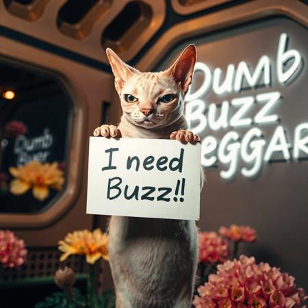masterpiece, intricate photo, realistic outer space humanoid alien cat holding a white sign on which is written "I need Buzz!", background interior of a spcecraft, giant alien flowers at the walls, in the background is written in neon letters "Dumb Buzz Beggar", hyper realistic, highly detailed, sharp focus, crepuscular lights in the background, dawn of technology, dark art, gothic art, cyberpunk style, best quality, high resolution, colorful, vibrant colors, cozy indoor lighting, 8K
