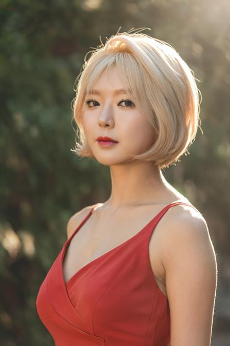 a beautiful picture of ch04xlv2,blonde,short hair, detailed skin texture,masterpiece, face focus, photorealistic, woman, 4k, HDR, backlighting, bloom, light, RAW color photo,(fully in frame:1.1), (blush:0.5), (goosebumps:0.5), wearing a red dress, asian. happy, idol  <lora:ch04xlv2:1>, korean,