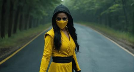 Dark Moody Atmosphere, (Cinematic Film stock footage style) in (arri alexa style) (Kodak film print style),
 <lora:Mortal Kombat-000003:1>
Scorpion An undead ninja woman in a yellow outfit is posing on a road Mortal Kombat Style, dramatic, mysterious, dark moody atmosphere