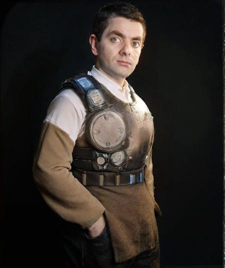 male, 1man, mrbean, (simple background, black solid background:1.4), (cogarmor2023:1.4, cogarmor2023 concept, black long pants, full armor), standing, gears of war, close-up, looking at viewers <lora:Mr_Bean-15:0.85>  <lora:cogarmor2023:1>