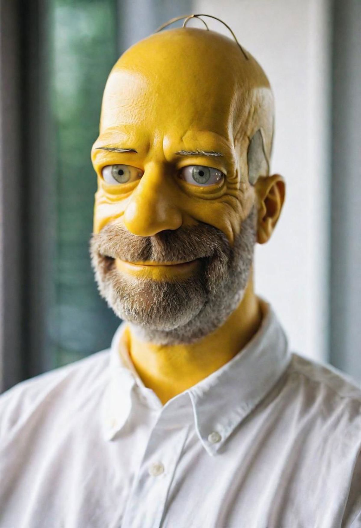 A man with a yellow face and blue eyes.
