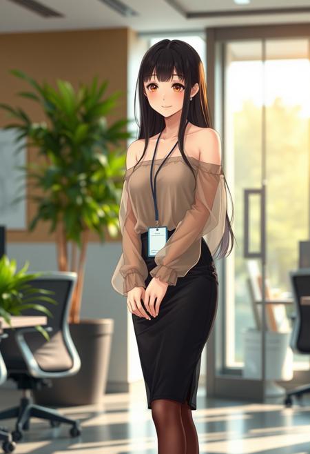 Anime-style shy and beautiful young female secretary standing in a modern office during the day. She has long, smooth black hair and gentle eyes, looking slightly down with a shy smile. She wears an elegant off-shoulder summer transparent thin blouse without straps, with long flowing sleeves, slightly sheer and soft, tucked into a fitted black pencil transparent mini skirt that ends just above the knees. She also wears thin, transparent black stockings and modest black heels. A small ID badge hangs subtly at her waist, adding to her reserved posture. Her cheeks are slightly flushed, giving a blushing expression as she stands near the office entrance, uncertain where to go. Background includes bright natural lighting, indoor plants, office desks, and soft shadows. The overall tone is warm and welcoming, with a soft-focus anime style and subtle bokeh effect in the background. Full-body composition, delicate lighting, cinematic mood.