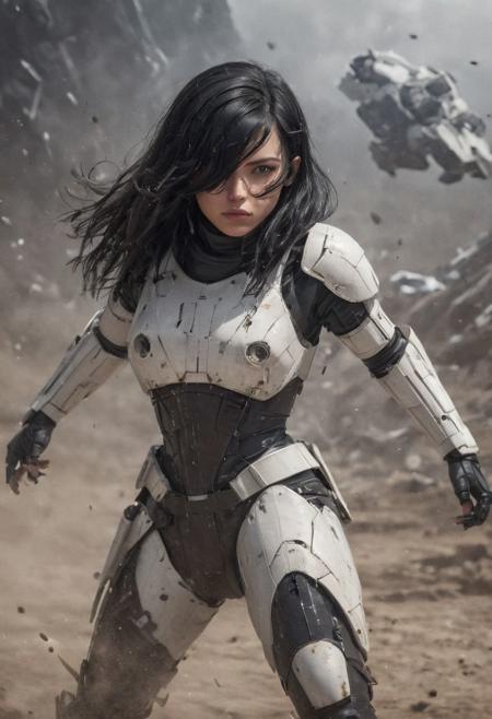 Action shot, n-eeyblch, Surreal, amazing quality, masterpiece, best quality, awesome, inspiring, a woman with black hair over both Face, hair over both eyes, scandinavian Girl in broken Stromtrooper armor, No Helmet, Jawa space Ship Background, very detailed, qhd, cinematic lightning, Action Pose, dynamic scene,