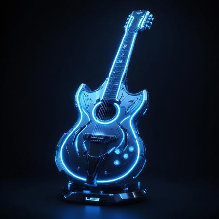 a guitar made of glossy silver and blue glow, delicate frame, cyborg, deus ex human revolution, SilverPulse, masterpiece, best quality, highly detailed, sharp focus, dynamic lighting