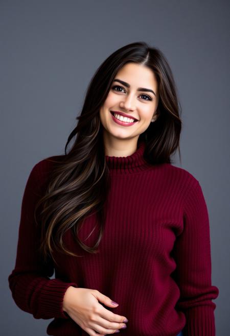 a brunette woman wearing a maroon sweater,she is beautiful,she is smiling in a sexy way, professional photo shoot, various poses, DSLR, film