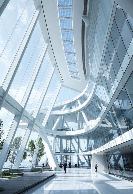 A sleek and modern architectural design characterized by innovative use of glass, steel, and clean lines. The style emphasizes functionality, sustainability, and light-filled spaces with a futuristic aesthetic. Structures often feature expansive, open interiors, dynamic geometric forms, and a harmonious integration with the surrounding environment. The design reflects elegance, precision, and cutting-edge technology.